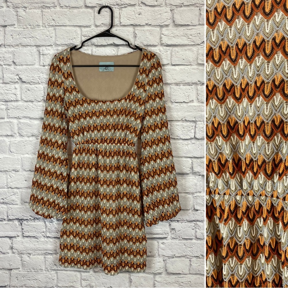 Retro Judith March Knit Chevron Patterned Dress with Bell Sleeves - Medium